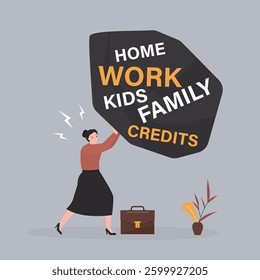 Frustrated business woman push heavy stone with various tasks and problems. Over workload, multitasking. Pressure from too much responsibility. Challenge, emotional pressure, hard tasks at work.