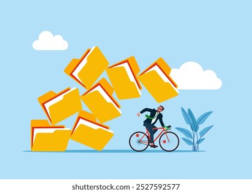 Frustrated businessman with bicycle running away from collapsing stack of files folders. Problem too many folders. Modern vector illustration in flat style