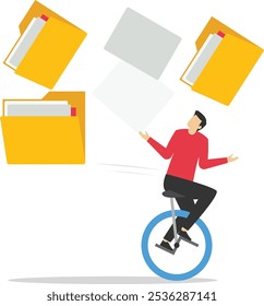 Frustrated businessman with bicycle running away from collapsing stack of files folders. Problem too many folders. Modern vector illustration in flat style