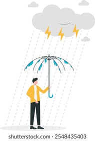 Frustrated businessman with broken useless umbrella in the rain. Disappointment, mistakes or difficulties,very bad days, problems. Flat vector illustration.
