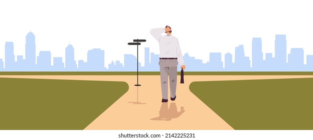 frustrated businessman choosing right direction at road sign important choice career path opportunities concept