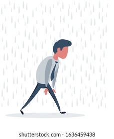 Frustrated businessman or clerk man walking with rain over his head. Vector flat design illustration.