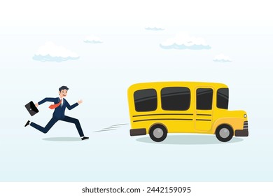 Frustrated businessman come late running to catch the run away bus, left behind, exclusion or forgotten employee, failure or mistake to come late and miss the bus, opportunity gone away (Vector)