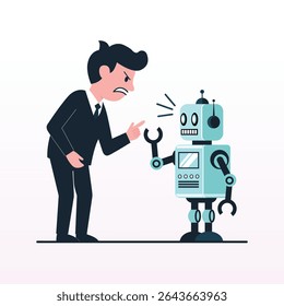 Frustrated Businessman Confronting a Robot: AI Malfunction Illustration Flat vector illustration