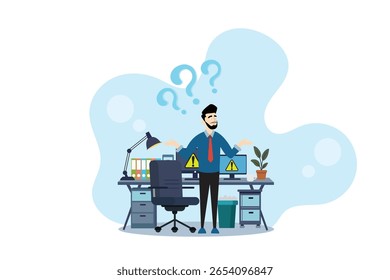 Empresário frustrado confuso na frente de telas de aviso. Conceito de solução de problemas, solução de problemas e desafio do local de trabalho.