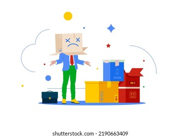 Frustrated businessman covered with cardboard box with unhappy sad face. Business failure, anxiety or stressed from work.