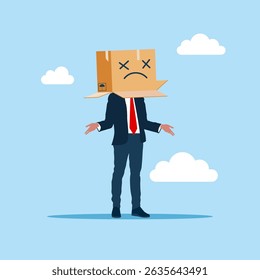 Frustrated businessman covered with cardboard box over his head with unhappy sad face. Business failure, anxiety or stressed from work. Closed alone. Emptiness. Flat vector illustration