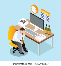 Frustrated Businessman Drinking Alcohol 3d Isometric Vector Illustration Concept For Banner, Website, Landing Page, Ads, Flyer Template