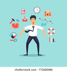 ?risis, frustrated businessman. Flat design vector illustration.