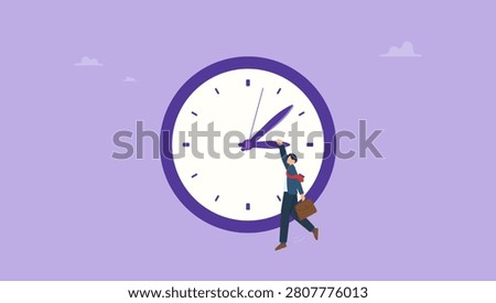Frustrated businessman holding clock hour hands while minute hand having saw passing to appointment time. Project deadline, time countdown for agreement timeline to finish work concept.
