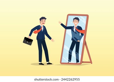 Empresario frustrado mirando al espejo con su sombra fomenta su confianza, autoestima o cuidado de sí mismo, cree en ti mismo mejorando la confianza, el respeto en tu actitud fuerte (Vector)