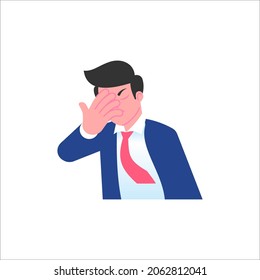 Frustrated businessman makes facepalm. Mistakes and problem at work, shame, failure concept. Male emoji character with different emotion and gesturing. Vector illustration isolated on white background