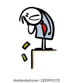 Frustrated businessman in office suit and tie looks down hopelessly at the money falling into the abyss. Vector illustration of the loser.