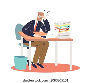 Frustrated businessman overloaded with paperwork documents and work on laptop sitting stressed and exhausted at workplace in office. Burnout concept. Cartoon flat vector illustration