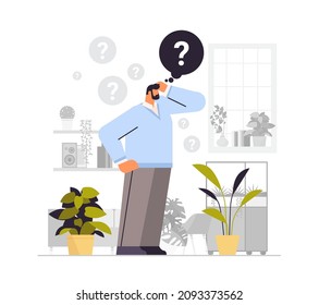 frustrated businessman with question mark looking for assistance help thinking inquiry concept