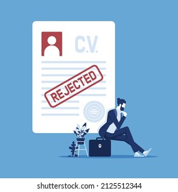 Frustrated Businessman With Reject Stamp On The Stack Of Paper Sheets, Refusal To Grant A Loan Or Job, Blank Or Cv Resume With Stamp-rejected