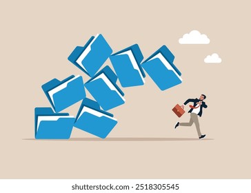 Frustrated businessman run away from collapsing stack of files folders. Communication problem or overload, too many folders. Modern vector illustration in flat style