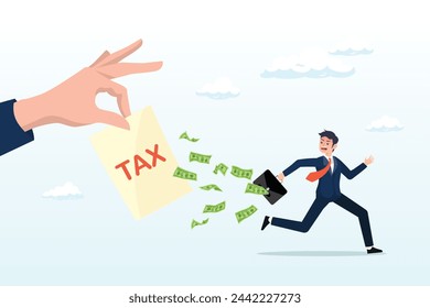 Frustrated businessman run away with full of money banknotes from tax bills, tax evasion, illegal hide revenue and avoid paying government tax, fraud and money laundering or financial crime (Vector)