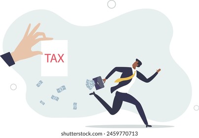 frustrated businessman run away with full of money banknotes from tax bills.flat vector illustration.