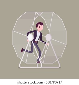 Frustrated businessman in a runnig wheel, keeps running in circles of routine, making the same mistakes in business, non progressing every day job, like a hamster doing useless activity