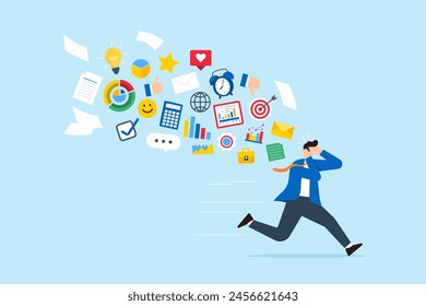 Frustrated businessman running away from flying social and work information, illustration information overload. Concept of overwhelmed by excessive distractions or overwork