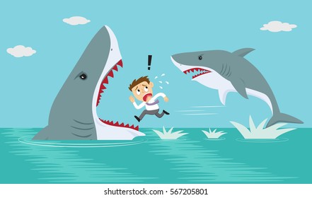 Frustrated businessman running on the water escape sharks, vector illustration cartoon