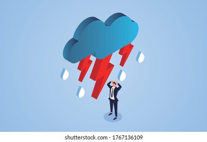 Frustrated businessman, businessman shrouded in dark clouds and lightning and rain