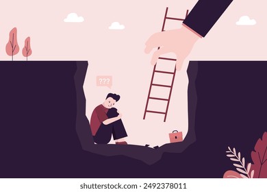 Frustrated businessman sits in hole of debt, bankruptcy, no way to overcome difficulties. Giant hand of mentor or assistant provides ladder and salvation. Business support. Psychological help. vector