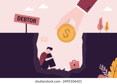 Frustrated businessman sits in hole of debt, bankruptcy, no way to overcome difficulties. Giant hand of banker or assistant give golden coin. Business financial support. Debtor need loan or help.