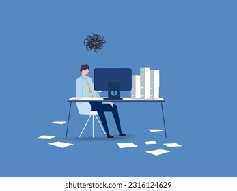 frustrated businessman sitting on office busy desk.Overwhelmed, work stress, tired or fatigue from overworked, busy to finish project paperwork in deadline, anxiety or exhaustion, headache concept.
