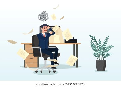 Frustrated businessman sitting on office desk with busy unfinished work, work stress, tired or fatigue from overworked, busy to finish project within deadline, anxiety or exhaustion, headache (Vector)