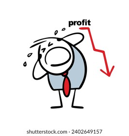 Frustrated businessman  sobbing loudly, tears flowing. Vector illustration of   loser man in business suit and red arrow falls down, the profit decreases. Isolated cartoon boy on white background.