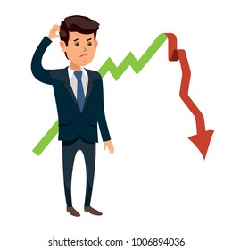 Frustrated businessman standing in fornt of arrow going downward on graph. Disappointed business man. Cartoon character. Stock vector illustration in fla