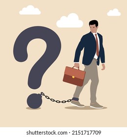 Frustrated Businessman. Struggle With Unanswered Question, Problem Or Difficulty, Hard Questions Or Unsolvable Quest Concept,  Chained With Huge Large Question Mark Burden.