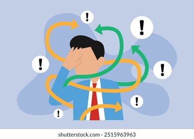 Frustrated businessman with tangled messy rope around 2d flat vector illustration
