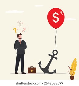 Frustrated businessman thinking about business obstacles. Giant anchor holds business project and does not allow it to grow and develop. Startup problems, debt and high taxes. flat vector illustration