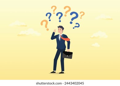 Frustrated businessman thinking and make decision with many question marks, confusion and decision making, choosing options or choices, answer for question or solution, problem solving (Vector)