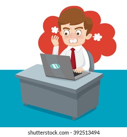 frustrated businessman while working on his laptop, vector  illustration