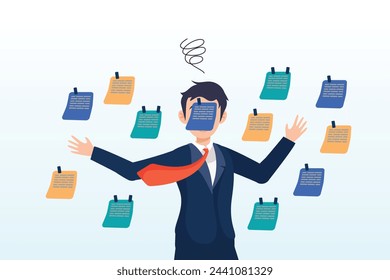 Frustrated businessman working with chaotic sticky notes, frustrated or overwhelmed from multitasking, work overload too many tasks, busy overworked, appointment or tired exhausted (Vector)