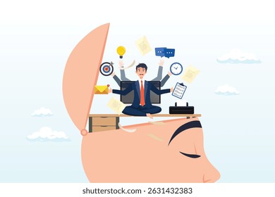 Frustrated businessman working hard on his busy head, work anxiety, stress or burnout, exhausted job or overload tired, job fatigue from overworked, depression and mental health concept, overwhelmed