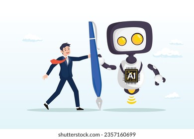 Frustrated businessman working with pencil with AI robot, AI Artificial Intelligence work with human, robot or automation to help success, robot to replace human employment, job uncertainty (Vector)
