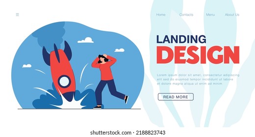 Frustrated businesswoman and falling rocket. Business or company failure scene flat vector illustration. Crisis, bankruptcy, startup, risk concept for banner, website design or landing web page