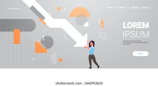 frustrated businesswoman holding economic arrow fall down financial crisis bankrupt investment risk concept horizontal full length copy space vector illustration