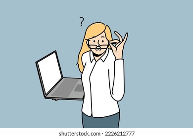 Frustrated businesswoman with laptop feel confused with problem on gadget. Stunned woman with computer shocked with news on device. Vector illustration. 