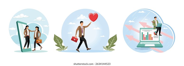 Frustrated businesswoman looking at mirror with his shadow encourage his confidence. Happy businessman holding passionate heart shape walking to work. Businessman investor using laptop to trade graph.