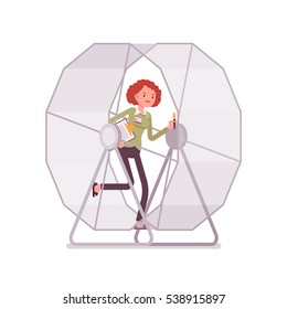 Frustrated businesswoman in a runnig wheel ,adrenaline is pumping, repetitive purposeless task, spending a lot of energy but never getting ahead, cannot leave secure employment and start own business