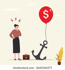 Frustrated businesswoman thinking about business obstacles. Giant anchor holds business project and does not allow it to grow and develop. Startup problems, debt and high taxes. vector illustration