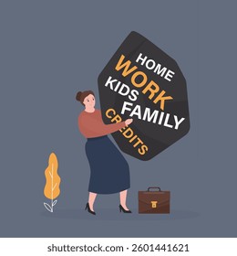 Frustrated businesswoman truing lift heavy stone with various tasks and problems. Over workload, multitasking. Pressure from too much responsibility. Challenge, emotional pressure, hard tasks at work.