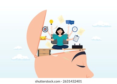 Frustrated businesswoman working hard on his busy head, work anxiety, stress or burnout, exhausted job or overload tired, job fatigue from overworked, depression and mental health concept, overwhelmed
