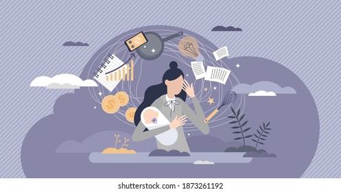 Frustrated, busy and tired mom with household duties, work and child raising tiny person concept. Stress swirl as emotional breakdown from time pressure and responsibility pile vector illustration.